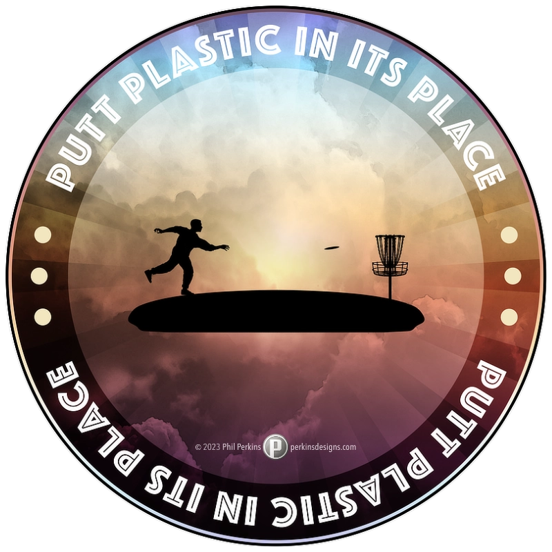 Frisbee disc golfer putting disc into chains of basket.